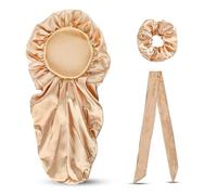 LIXSAZSE Gorro de dormir de satén de 3 piezas, gorro de pelo rizado trenzado sucio, cabeza de lazo, herramienta de cuidado de banda de cola de caballo suave para Unisex, Dorado champagne