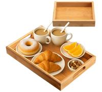LiYiJiKeJi 2 Pcs Bandejas para Servir Comida, Bandeja Madera Rectangular, Bandejas de Madera de Bambú Decorativa con Asas, Bandeja para Desayuno Mesa de Café Cocina Cena Té(Pequeña y Grande)