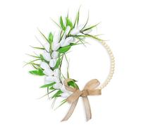 LIYJTK Artificial Flower Wreath 13.8 Inch Green Leaves Spring Summer Floral Hoop Wreath with Wooden Beads Easy Maintenance for Front Door Wall Wedding Party Decor