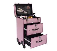 LIYUANJUN Estuche de maquillaje rodante, carrito de salón de belleza con ruedas, carrito de almacenamiento de doble bloqueo con bolsa de tijeras, carrito organizador de viaje, # Rosado, Estuche de