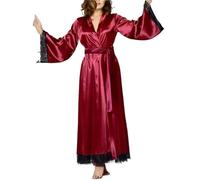 LIZHAYG Bata Saten Mujer Bata de baño Larga de satén de Seda Sexy for Mujer, Estilo Kimono con Borde de Encaje romántico, camisón, Ropa de Dormir, Ropa de Dormir for el hogar for Mujer(Wine Red,XXL)