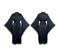 LIZHAYG Bata Saten Mujer Bata Larga de Novia for Boda, Elegante Ropa de Dormir for Mujer, de Manga Larga, con Encaje, Estilo Kimono, Ropa de Estar por casa, Suave, de rayón Blanco.(Black,M)