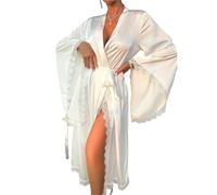 LIZHAYG Bata Saten Mujer Bata Larga de Novia for Boda, Elegante Ropa de Dormir for Mujer, de Manga Larga, con Encaje, Estilo Kimono, Ropa de Estar por casa, Suave, de rayón Blanco.(White,S)