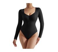 LIZHAYG Body Reductor Mujer Camisetas sin Mangas con Cuello en V for Mujer, Mono Liso de Manga Larga for Invierno, Mono Moldeador, Monos ceñidos Ajustados for Mujer(Black,L)