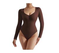 LIZHAYG Body Reductor Mujer Camisetas sin Mangas con Cuello en V for Mujer, Mono Liso de Manga Larga for Invierno, Mono Moldeador, Monos ceñidos Ajustados for Mujer(Brown,M)