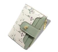 LJCZKA Cartera Mujer Pequeña Piel Bonito 3D Flor Cuero Monedero Bifold Cremallera Billeteras Corto Porta Monedas con Ranuras para Tarjetas, ID Ventana (Verde)