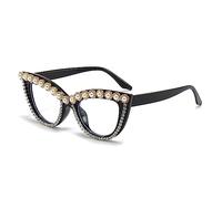 LJCZKA Gafas Luz Azul Ojo de Gato Perlas Mujer, Gafas Sin Graduar Mujer con Perlas Gafas de Lectura para Ordenador Descanso Fiesta