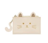 LJCZKA Gato Tarjeta de Crédito para Mujer, Pequeña Bonito Tarjetero Monedero Cremallera Piel Cuero Corto Porta Monedas Mini Bolsa con ID Ventana (Beige)
