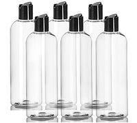 LJDEALS Botellas vacías de plástico transparente de 16 onzas con tapas superiores de disco negro, recipientes exprimibles y recargables, para champú, lociones, crema, paquete de 6, sin BPA, fabricadas