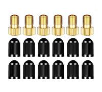 LJFEA Adaptador de latón para válvula Presta (Paquete de 6 + 12 Tapas) - Convierte Presta a Schrader para Bicicletas, e-bicis, y e-Scooters - Infla el neumático usando una Bomba estándar por Mobi Lock