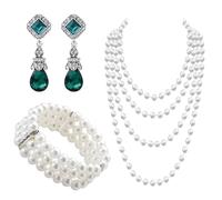 LjFrexia 3 Piezas Conjunto de Joyas de Perlas Vintage, con Collar, Brazalete de Triple Fila de Perlas y Pendientes con Cristales, Accesorios de los Años 1920, para Fiestas, Bodas y Festivales