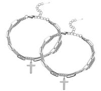 ljhjdkxf Pulsera de doble capa con colgante de cruz de moda, pulsera ajustable con colgante de cruz de acero inoxidable, pulsera apilable en capas para parejas (2 PCS-Silver)
