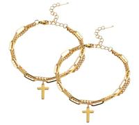 ljhjdkxf Pulsera de doble capa con colgante de cruz de moda, pulsera ajustable con colgante de cruz de acero inoxidable, pulsera apilable en capas para parejas (2 PCS-Gold)
