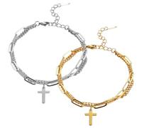 ljhjdkxf Pulsera de doble capa con colgante de cruz de moda, pulsera ajustable con colgante de cruz de acero inoxidable, pulsera apilable en capas para parejas (2 PCS-Gold/Silver)