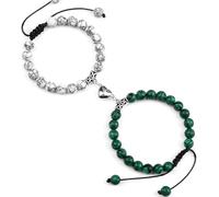 LJHJYDW 8mm Bead Bracelets for Women Crystal Bracelets Spiritual 2PCS Nature Stones Heart Black-Green Round Braided Elastic 17cm x 7mm for Valentines Day
