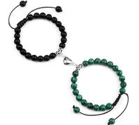 LJHJYDW 8mm Bead Bracelets for Women Crystal Bracelets Spiritual 2PCS Nature Stones Heart Black-Green Round Braided Elastic 17cm x 7mm for Valentines Day
