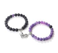 LJHJYDW 8mm Bracelet Crystal Bracelets Spiritual 2PCS Nature Stones Heart Black Gray-Blue Round Beads Woven Stretchy 17cm x 7mm for Valentines Day