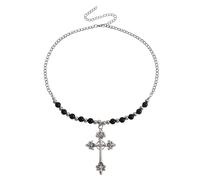 LJHJYDW Hip Hop Punk Retro Pendant Gothic Pearl Chain Choker Jewelry Vintage Cross Beaded Necklace