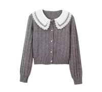LJHJYDW Solid Color Casual Lapel Lace Button Stitching Short Women's Sweater Cardigan