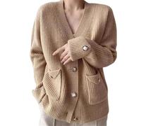 LJHJYDW Solid Color Casual V-Neck Button Pocket Stitching Loose Large Size Women's Sweater Cardigan