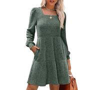 LJHJYDW Womens Long Sleeve Jumper Dress Casual Square Neck Knee Length Knit Sweater Dresses with Pockets