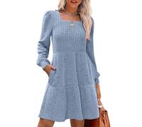 LJHJYDW Womens Long Sleeve Jumper Dress Casual Square Neck Knee Length Knit Sweater Dresses with Pockets