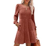 LJHJYDW Womens Long Sleeve Jumper Dress Casual Square Neck Knee Length Knit Sweater Dresses with Pockets