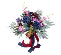 Ljmyy Ramo de boda para mariposa, color azul vino, flores rojas con ramas, rosas reales para tacto, ramo de mano para dama de honor