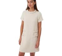 LJYAUTO Vestido de tweed de los años 60 para mujer, elegante, formal, cuello redondo, mini vestido vintage de manga corta con botones, vestidos acampanados, beige, L
