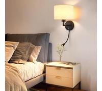 LJYKBFL Lámpara de Pared E27 con Puerto de Carga USB, Aplique de Tela de Lino Blanco Giratorio de 360°, diseño Moderno en Blanco y Negro, Ideal para Sala de Estar, Dormitorio y Oficina.