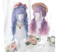 LJYNB Estilo Harajuku Lovely Girl Lolita Cosplay Pelucas Fibra de alta temperatura Pelo sintético Rosa Púrpura Pelo largo y rizado + red de peluca gratis