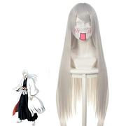 LJYNB Peluca de Cosplay de Jushiro Ukitake, peluca de pelo largo y liso, blanco plateado, disfraz de Anime, pelucas de juego de rol + gorro de peluca