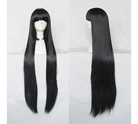 LJYNB Pelucas de Cosplay Enma Ai de fibra de alta temperatura sintética negra larga recta Bang pelo de mujer con gorro de peluca gratis