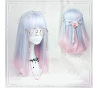 LJYNB Pelucas de Cosplay originales de Lolita, pelo sintético de fibra de alta temperatura, 15 pulgadas, pelo corto degradado azul rosa + gorro de pelo gratis