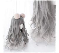 LJYNB Pelucas de Cosplay originales de Lolita, pelo sintético de fibra de alta temperatura, 24 pulgadas, pelo rizado de onda suelta larga gris + gorro de pelo gratis