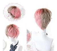 LJYNB Pelucas diarias de Cosplay de Lolita para hombres, pelo sintético de fibra de alta temperatura, 10 pulgadas, marrón, rojo, mezcla de pelo corto y rizado + gorro de pelo gratis