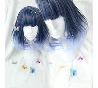 LJYNB Pelucas diarias de Cosplay de Lolita, pelo sintético de fibra de alta temperatura, 17 pulgadas, pelo corto degradado gris azul púrpura + gorro de pelo gratis