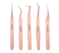 LK LANKIZ LANKIZ - Juego de 5 pinzas para extensiones de pestañas de volumen, pinzas de acero inoxidable para extensiones, color oro rosa