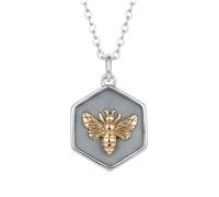 LKBEADS Abeja de plata de ley 925 en marco hexagonal y bronce |LK_NLC_02529 | round gold plated floral medallion, 18 inch cable chain, nature inspired botanical jewelry gift for men