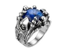 LKBEADS Anillo ajustable de acero inoxidable con calavera y piedra azul, estilo gótico, fantasía, guerrero, vintage, banda llamativa, unisex, joyería de moda para hombre y mujer. |LK_0064_LLR