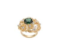 LKBEADS Anillo Royal Bloom Cocktail Statement de acero inoxidable 316L chapado en oro, tamaño ajustable, con cuarzo verde y perlas. Ideal para cualquier ocasión | LK_SLF_CHR_0471