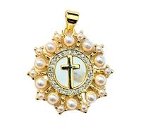 LKBEADS Colgante de cruz con rayos de sol | con perla de agua dulce, fabricado en acero inoxidable | chapado en oro, 23 mm | dije cristiano con diseño de amanecer | LK_CHP_0121_W