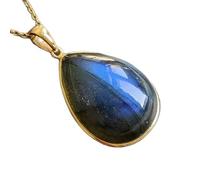 LKBEADS Colgante de labradorita natural de 23 x 17 mm, forma de pera lisa negra, en plata de ley 925, con cadena tipo cable de 45 cm. Transformación, protección, intuición, energía psíquica, regalo |
