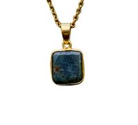 LKBEADS Colgante de latón con gema de turmalina azul natural, forma de cojín, con cadena de eslabones, equilibrio energético, estabilidad emocional, joyería hecha a mano |LK_SGMP_0376