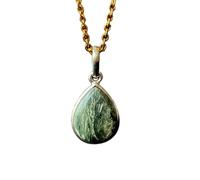 LKBEADS Colgante de serfnita natural en plata de ley 925 con forma de pera y cadena de eslabones. Joyería artesanal para sanación profunda. Medallón para sanación profunda |LK_SGMP_0088