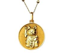 LKBEADS Collar con colgante 3D de gato Maneki Neko de plata de ley 925 en forma redonda con cadena de cable de 45 cm (18 pulgadas) chapada en oro. Joyería con significado |LKD_3DM_00016