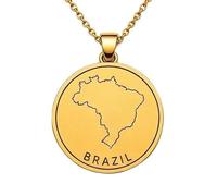 LKBEADS Collar con colgante de mapa de Brasil de plata de ley 925 para hombre y mujer, chapado en oro, redondo de 30 mm, con contorno de país grabado y cadena de 45 cm (18 pulgadas) |LKN_MAP_00896