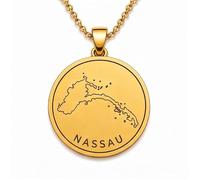 LKBEADS Collar con colgante de mapa de Nassau de plata de ley 925 para hombre y mujer, chapado en oro, redondo de 30 mm, grabado del contorno del país, con cadena de cable de 45 cm |LKN_MAP_00994