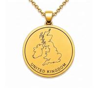 LKBEADS Collar con colgante de mapa del Reino Unido en plata de ley 925 para hombre y mujer, chapado en oro, redondo de 30 mm, con grabado del contorno del país y cadena de 18 pulgadas |LKN_MAP_01067