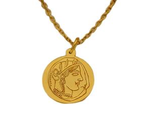 LKBEADS Collar con colgante de moneda con rostro griego antiguo grabado de 24 mm y cadena tipo cable de 45 cm | Plata de ley chapada en oro | Joyería unisex | LK_PNDN_0036